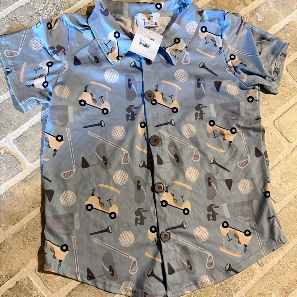 Kids Golf Cart Print Button Down Shirt - Light Blue